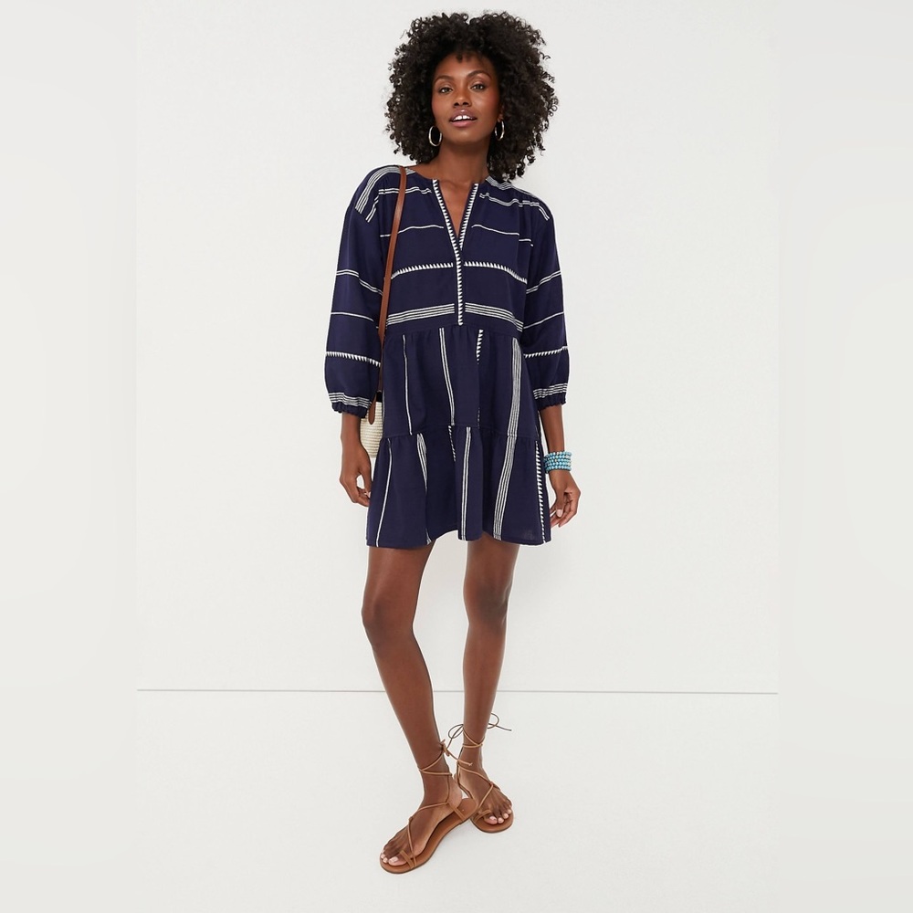 Lemlem Nunu Popover dress medium navy embroidered cotton V neck coverup tiered